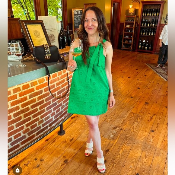 NWT Tropical One-Shoulder Bow Eyelet Dress Green Mini Dress - Picture 3 of 3